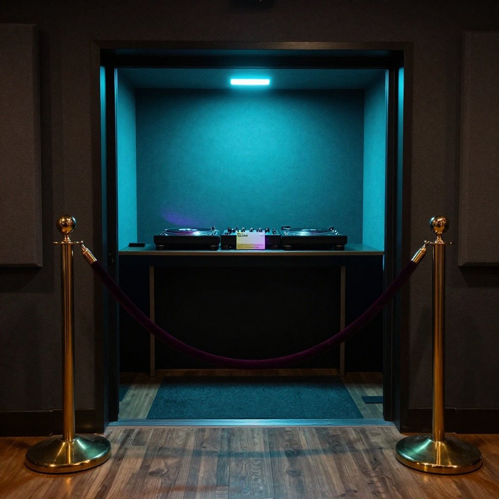 An empty music booth waits behind a violet velvet rope lit in cyan and amber.